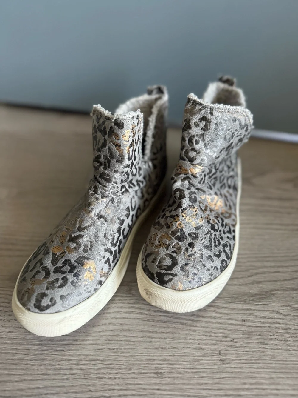 Leopard Print High-Top Slip-On Sneakers in Sage and Gold